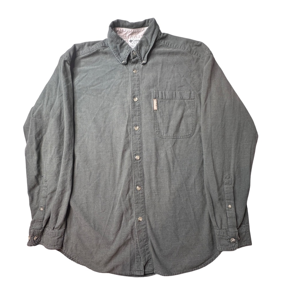 Columbia Shirt Mens L Green Micro Check Button Down‎ Long Sleeve Cotton AM7599